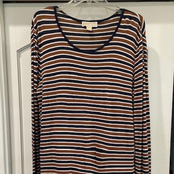 Michael Kors Dress Woman's S Brown Blk  White Striped Midi Long Sleeves T Shirt - Picture 1 of 4
